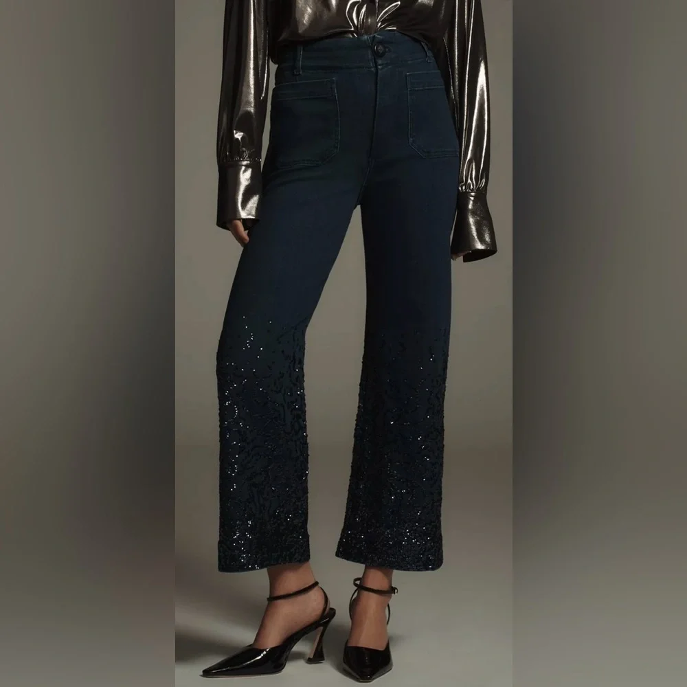 Colette Cropped High-Rise Wide-Leg Jeans by Maeve Sequin Edition size 25 P - Picture 2 of 9